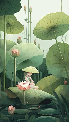 夏日清新荷塘风光手绘插画