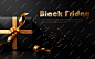 Banner for black friday with black gift box with gold ribbon and text on a dark background