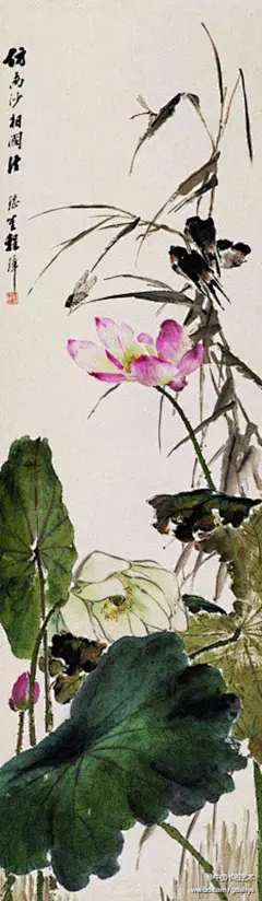 程璋 作品 《荷花燕子》--- 程璋为清末民初上海采融西法的著名画家之一。这幅《荷花燕子》用没骨画法，工写结合，生动自如，很注重透视效果和立体感的表达。@北坤人素材