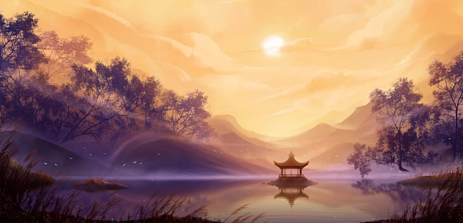 落霞与孤鹜齐飞，秋水共长天一色-流水画-花瓣网