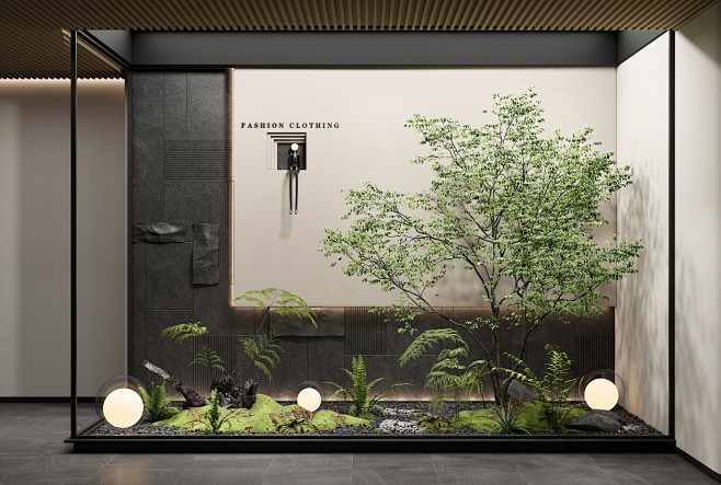 现代庭院景观小品 室内造景 景观树 蕨类植物 背景墙-室内设计-拓者设计吧