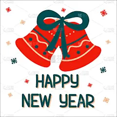 新年传统红铃与绿色丝带在斯堪的纳维亚手绘风格与字母。矢量插图，一个简单的明亮物体，用于社交媒体的方形