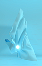 Luxury textile fabric in motion with luminous sphere 3d render. Blue soft waves. Abstract modern design element, minimalistic background