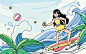 夏天季节粗线条doodle风女孩泳装冲浪插画