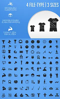 免费体育图标集（100 AI，EPS，PNG和PDF格式的图