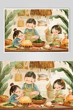 AI数字艺术端午节包粽子人物插画