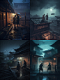 咒语：At night,big rain, illustration style, two men are fighting on a roof, Jin Yong style,Chinese separationscenes, chinese ink and wash style, Chinese poem arts style,Chinese swordsmen film tale, highly detailed,dynamic,cinematic,stunning, realistic ighti