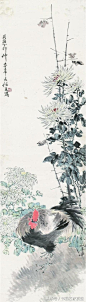 任薰——【同治丁卯仲春】菊鸡 花鸟立轴欣赏   |   
清|任薰(1835-1893)字舜琴、阜长，其父任椿、兄任熊都是画家。人物与兄同师陈洪绶，工人物仕女、花鸟山水、肖像，画法博采众长，面貌多样，富有新意。与任熊、任颐时称"三任"，合任预为"四任"，为清末海上画派重要画家之一。