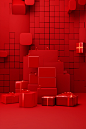 Red box scene with gifts and red banner 3d render, in the style of chromatic sculptural slabs, neo-mosaic, nightscapes, minimalist and monochromatic, wall sculpture and installation, bentwood, high-angle