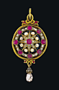 A late 19th century ruby, diamond, pearl and enamel pendant