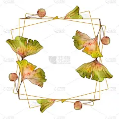 绿色黄色银杏叶。叶植物植物园花卉叶。水彩背景插图集。水彩画时尚水族馆隔离。框架边框装饰正方形.