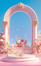 flower arrangement in a pink frame scenery photoshop templates, in the style of classical architecture, octane render, kawaii aesthetic, light cyan and light amber, stage-like environments, 32k uhd, columns and totems