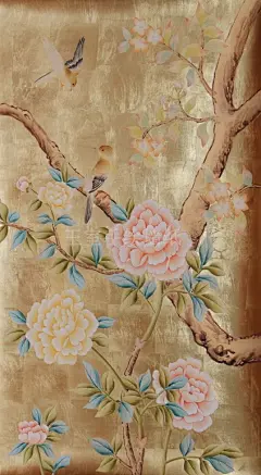 金箔手绘壁纸 凤凰牡丹图