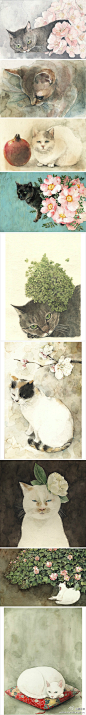 如诗般优美的水彩猫咪。作者山田緑。