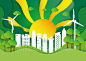 绿色环保太阳城市建筑地标镂空剪影插画