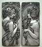 Mucha style art nouveau plaques in silver effect : Mucha style art nouveau plaques in silver effect