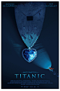 泰坦尼克号（TITANIC）（1997）
一束从船上而来的灯光打在海洋之心上，也照在平静的海面上，字体的渐变也配合光照进行。
暗夜里的海洋之心，折射着蓝色的光芒。Laurent Durieux没用选择人物作为海报内容，而是选择这颗昭示厄运降临的宝石作为海报的载体。泰坦尼克号的背后的故事，也是由这一颗宝石开启。