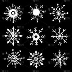 可爱的手绘雪花。涂鸦矢量插图。冬季元素的贺卡，海报，贴纸和季节性设计。孤立在黑色背景上