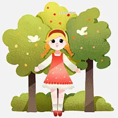 植树节可爱的小女孩插画图片大小2000x2000px 图片尺寸4.16 MB 来自PNG搜索网 pngss.com 免费免扣png素材下载！白色小鸟#大自然#卡通手绘#开心#可爱的小女孩#绿色的树木#绿色的小草#绿植#植物装饰插画#
