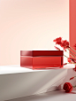 Red Rectangular box products, By the window,Product surrounding petal, high-end sense, delicate, smooth lines, transparent, pure tone, natural light, delicate texture, high definition, Front view, highlighting the product, cinematic composition, Dadaist s