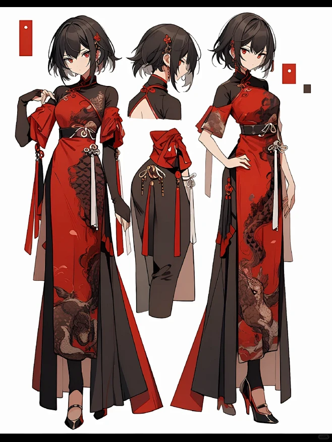 新中式旗袍//红黑色-花瓣网