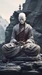 Hyper-realistic Robotic Monk, zen-inspired motifs, minimalism design, mountainous background, beautiful peaceful brilliance