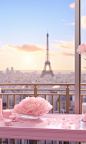 A pink empty tray with flowers on it overlooking paris, in the style of daz3d, anime aesthetic, light and airy, uhd image, salon kei, leica r3, light silver and light pink