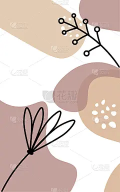 抽象背景的几何形状，点和点。以植物和花卉为线条的简约风格。Terracotta和棕色。垂直方向。