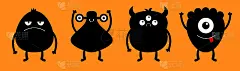 Monster black silhouette set line. Happy Halloween