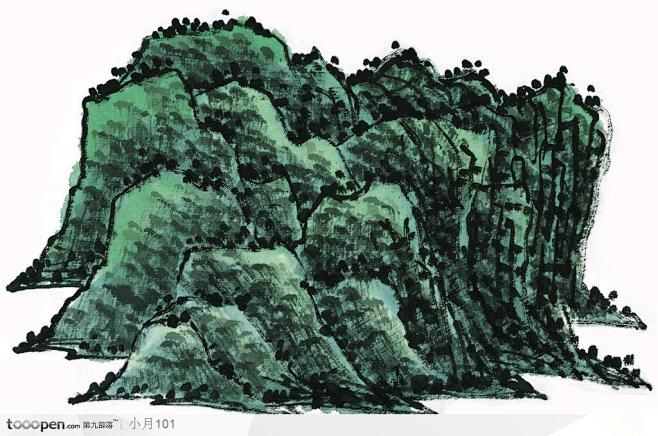 中国国画之石壑-绿色山林