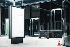 空白横幅站在现代玻璃建筑旁边，3d渲染。