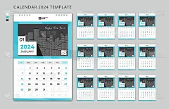 2024年挂历设计模板，周一开始，一套12个月，2024年台历设计，简单，策划者，海报，印刷，广告，
