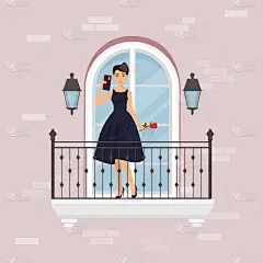 准备日期旗帜矢量插图。一个穿着优雅的女人拿着手机和鲜花站在阳台上，背靠房子的背景墙。