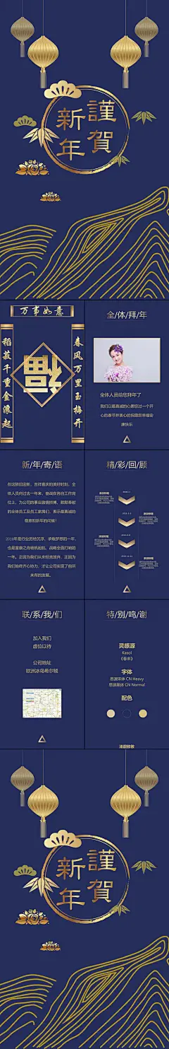 蓝金大气高端新年贺卡竖版PPT模板