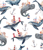手绘水彩鲸鱼海豚灯塔海洋图图案