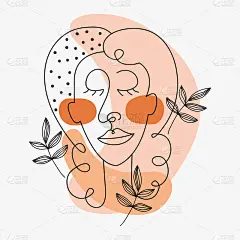 一个连续线条的当代女性肖像。抽象的女性脸部和程式化的植物元素。美术线条绘画风格。矢量插图在极简的概念