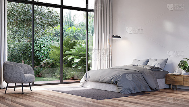现代卧室与热带风格的花园视图3d渲染