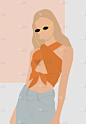 夏天的现代风貌戴太阳镜的女孩一位穿着橙色上衣和裤子的年轻女士。卡片、海报、背景、模板、纺织品、假冒伪