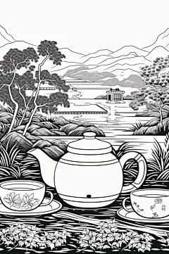 AI数字艺术复古铜版画茶园茶叶插画-众图网