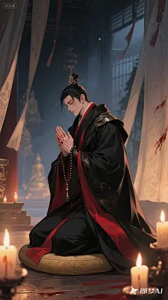 jimeng-2025-09-09-2782-动漫厚涂国风插画，极致光影，通透质感，动感画面，夜晚有帘子有蜡烛光的佛寺。动感画