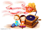 手绘儿童插画之靠在留声机听音乐的孩子