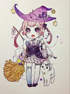 手绘 彩铅 Q版 小魔女 @果酱
