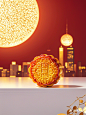 在这幅构图中，一块精致的月饼礼盒置于白色窗台上，窗外是黄色灯光的城市，红色弥散背景，纯粹单一色调完美衬托出主角的华贵。月饼表面雕琢着细腻的金银纹样，宛如微缩的艺术品，在精心调控的柔和灯光照射下，泛着温