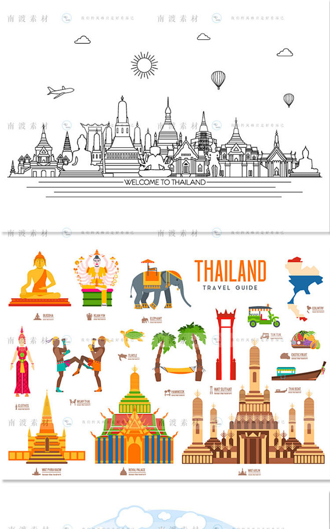 扁平泰国旅游特色建筑景点场景度假旅游元素...