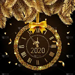 2020,午夜,华贵,矢量,新年前夕,钟,绘画插图,闪亮的,黄金,五彩纸屑