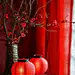 春节氛围，喜庆红色、红色窗帘为背景，小红灯笼为装饰海报