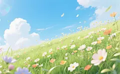 蓝天绿草地盛开的花朵壁纸图片素材
