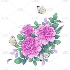 手绘粉红玫瑰花束和蝴蝶