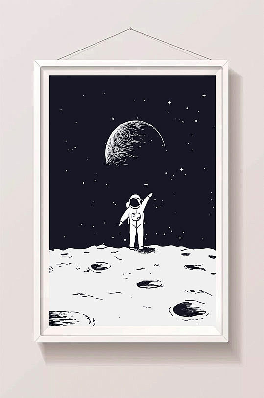 黑白宇航员登月手绘插画