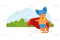 猫超级英雄人物在面具和红斗篷卡通矢量插图